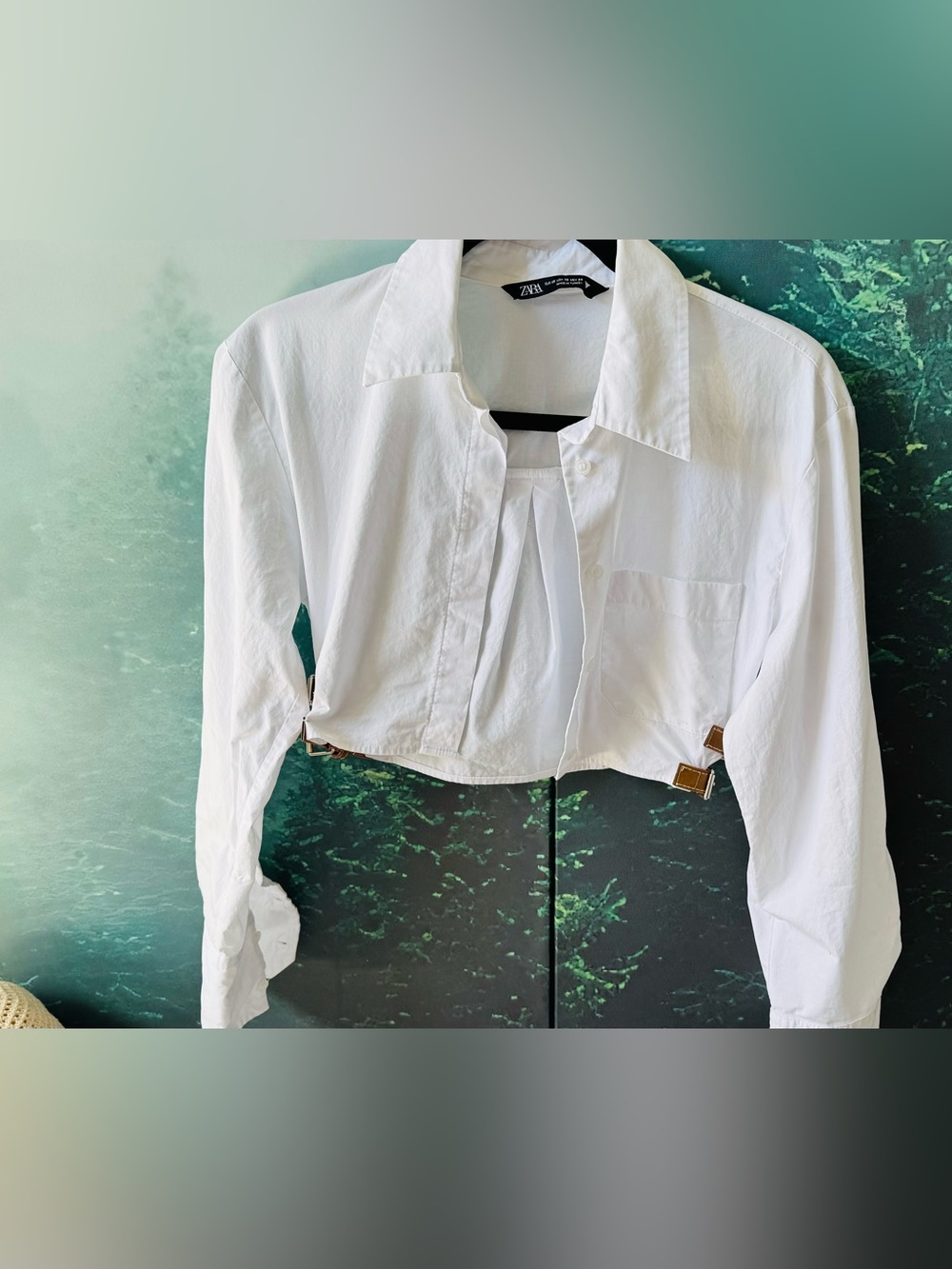 Zara White Cropped Shirt Jacket with Buckle Detail